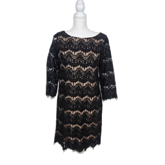 Size 10 Jessica Howard Black Lace Cocktail Formal Dress Nude Lined - Picture 1 of 10